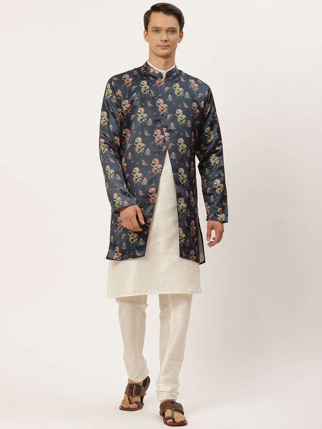SOJANYA Kurta Solid Lelaki Off White dengan Jaket Churidar & Etnik