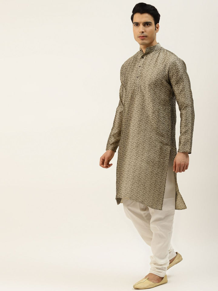 SOJANYA Men Grey & Beige Jacquard Silk Kurta with Churidar & Nehru Jacket