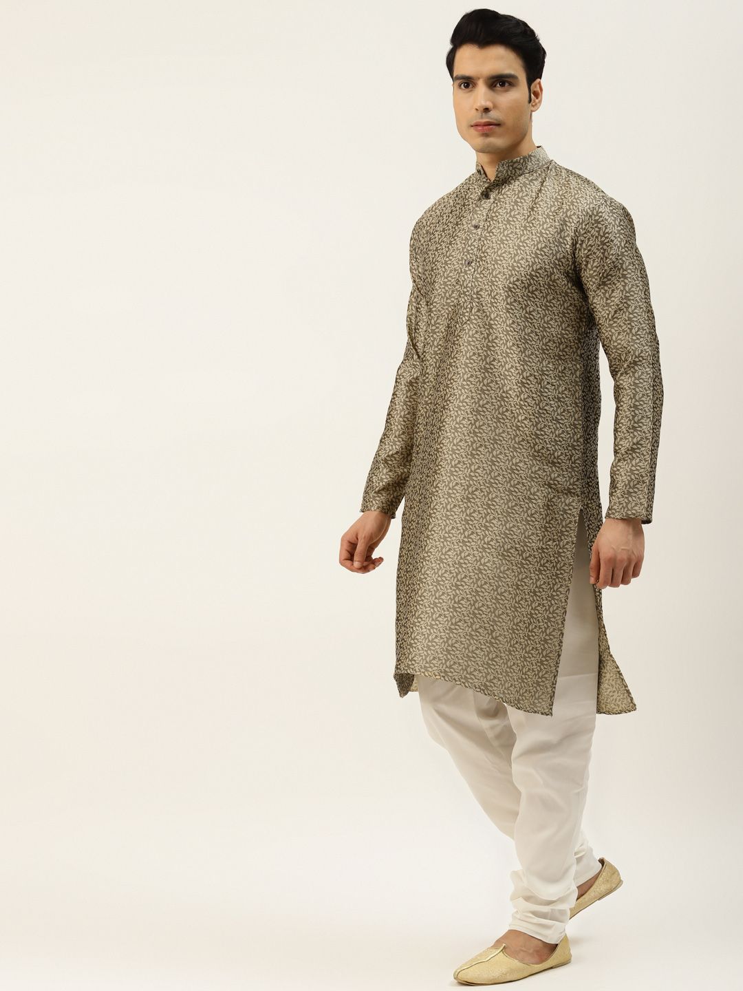 SOJANYA Men Grey & Beige Jacquard Silk Kurta with Churidar & Nehru Jacket