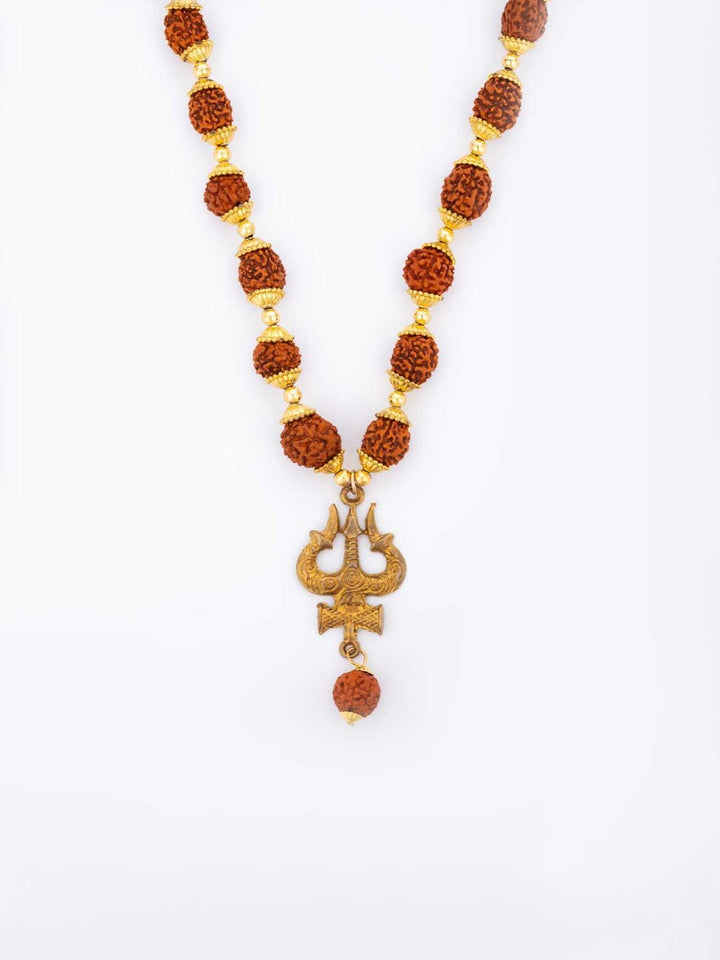 PANASH Men Gold-Plated Rudraksh Beaded Trishul Pendant Link Statement Necklace