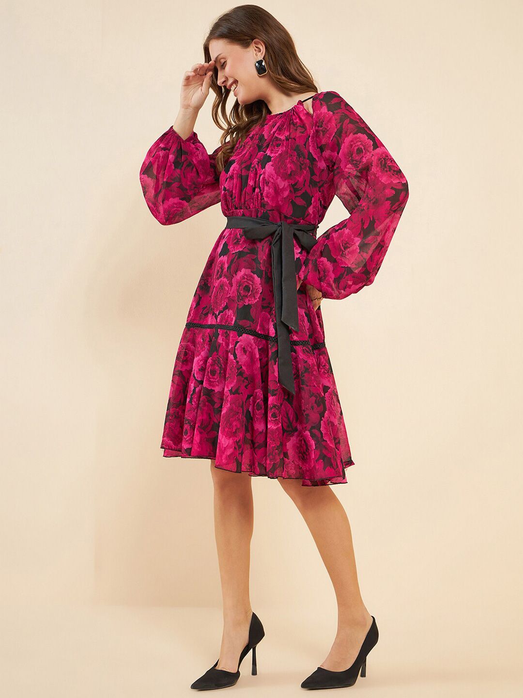 Antheaa Pink Floral Printed Puff Sleeves Gathered Detailed Chiffon Fit & Flare Dress
