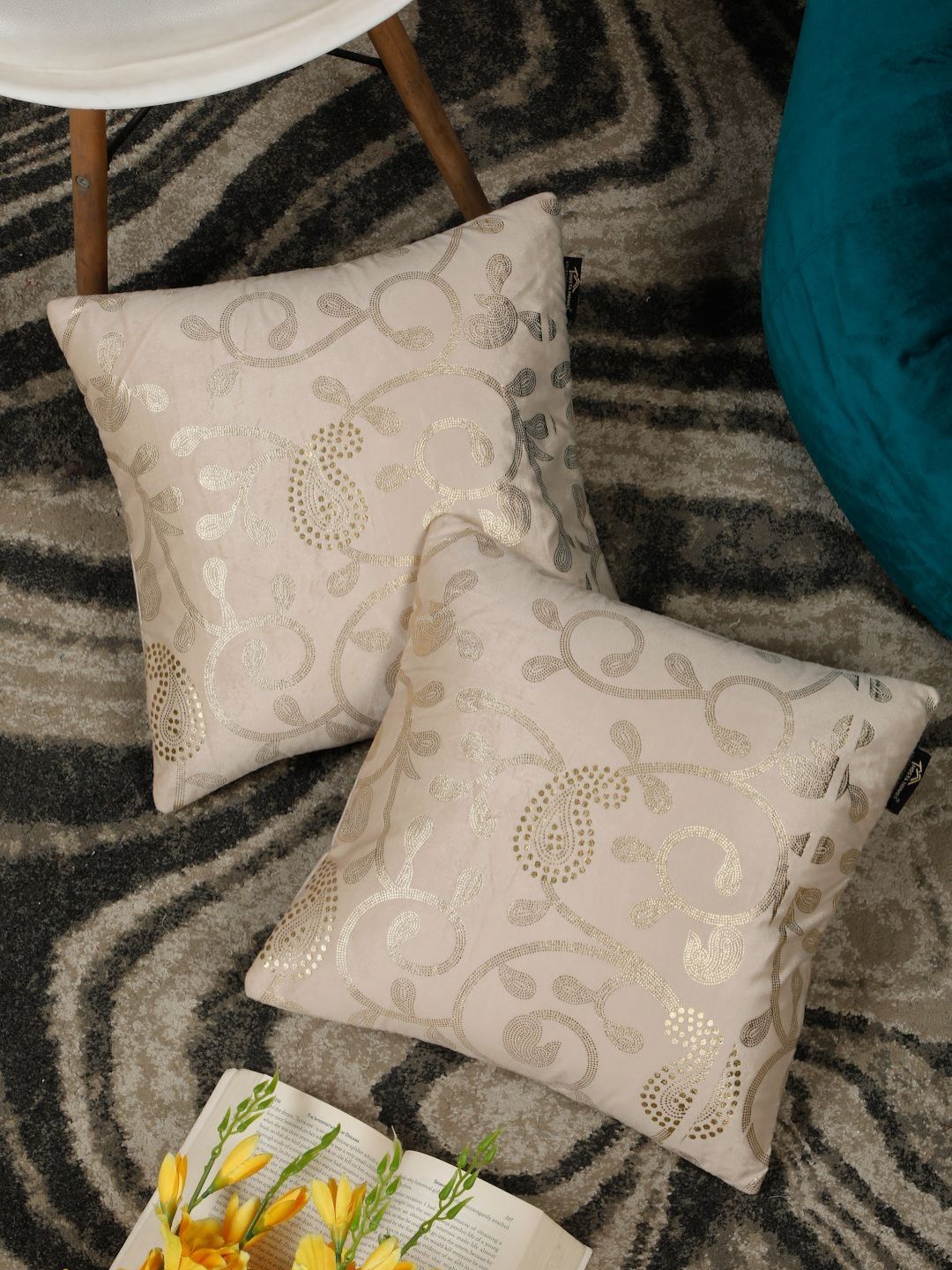 HOSTA HOMES Cream-Coloured & Gold-Toned Set of 2 Ethnic Motifs Velvet Square Cushion Covers