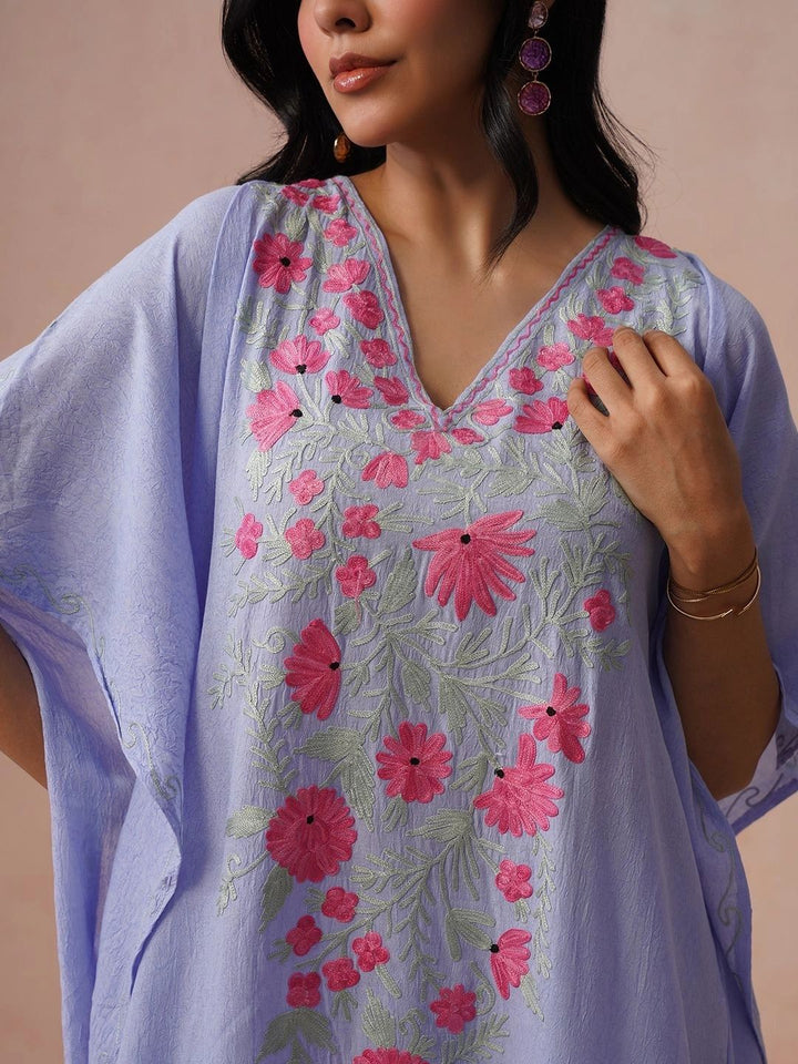 House of Chikankari Wanita Sulaman Bunga Lengan Panjang Kerja Benang Krep Bunga Kaftan Kurta
