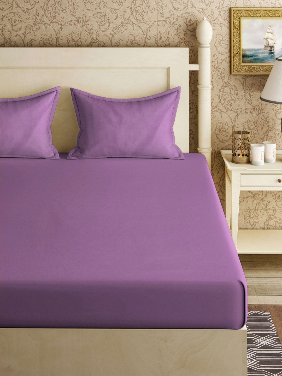 KLOTTHE Purple Solid 300 TC Fitted Double King Bedsheet with 2 Pillow Covers