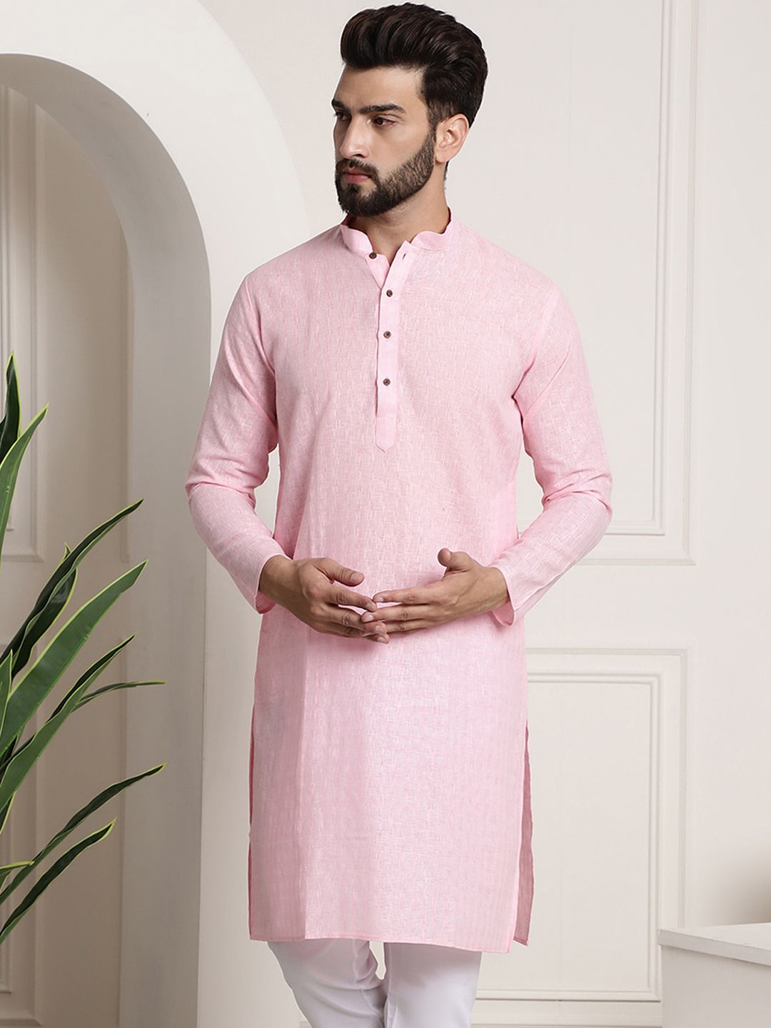 SOJANYA Men Pink Thread Work Dobby Kurta