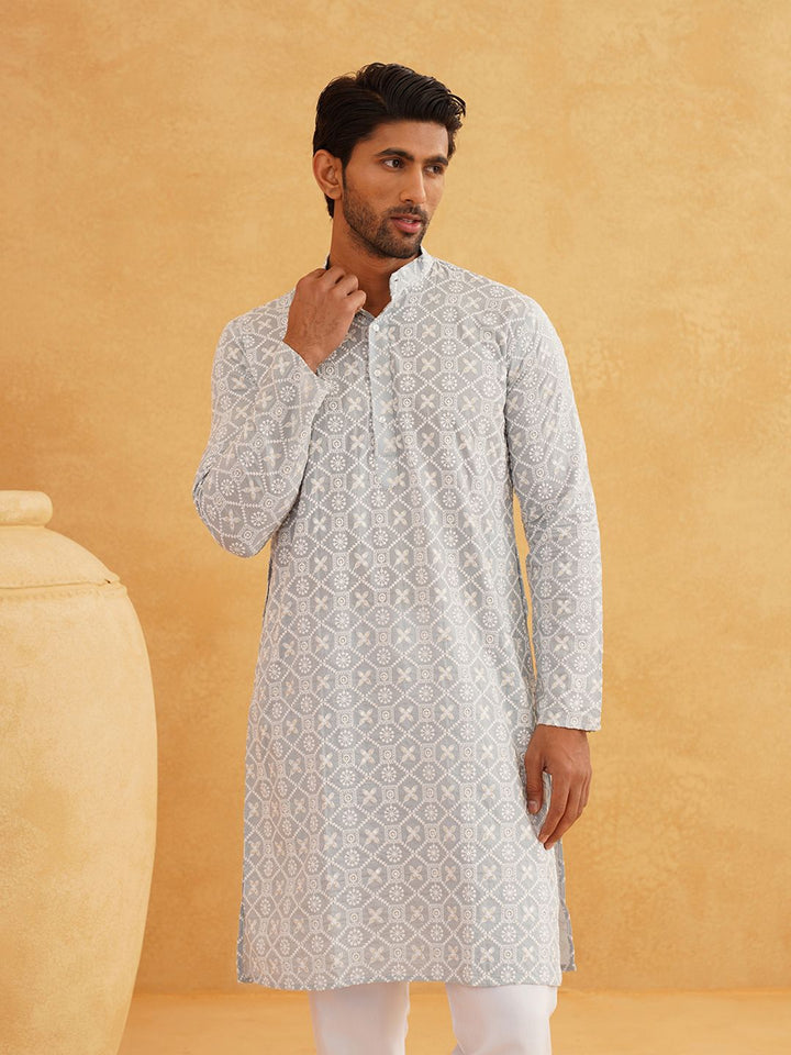 SOJANYA Floral Embroidered Band Collar Thread Work Pure Cotton Kurta with Churidar