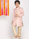 Vastramay Boys Pink & Gold-Coloured Design Brocade Brocade Slim Fit Sherwani Set