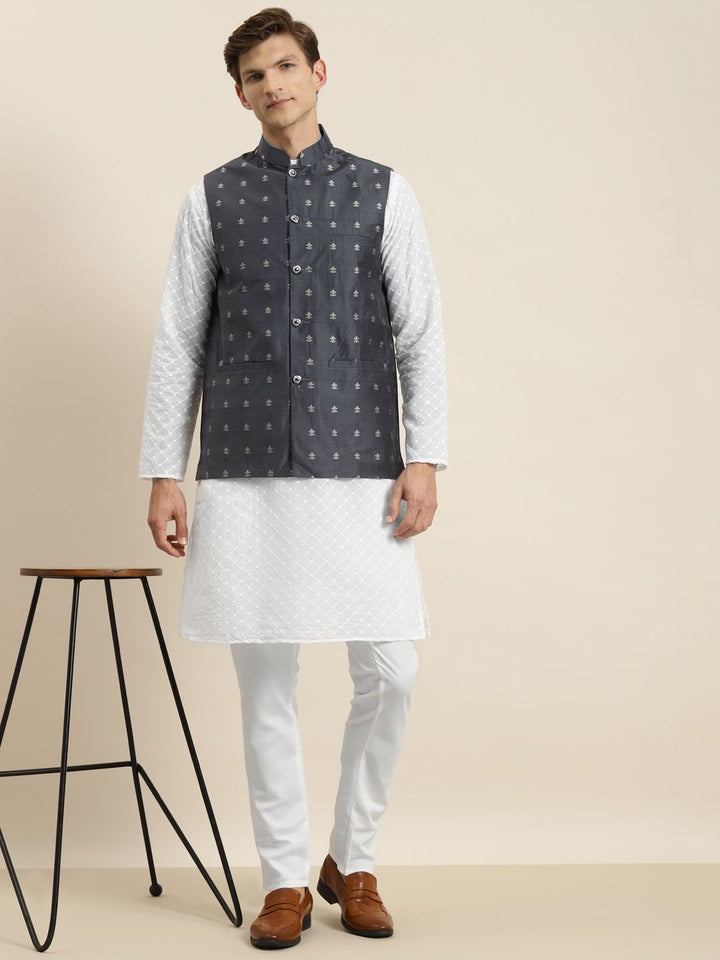 SOJANYA Men White Chikankari Pure Cotton Kurta with Churidar & Nehru Jacket