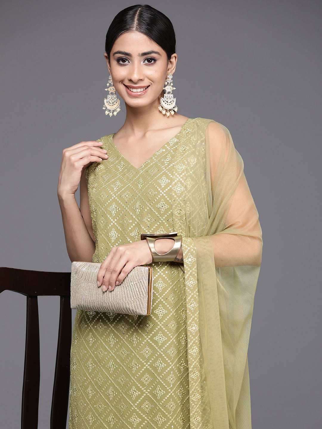 Libas Women Ethnic Motifs Embroidered Regular Sequinned Kurta with Trousers & With Dupatta
