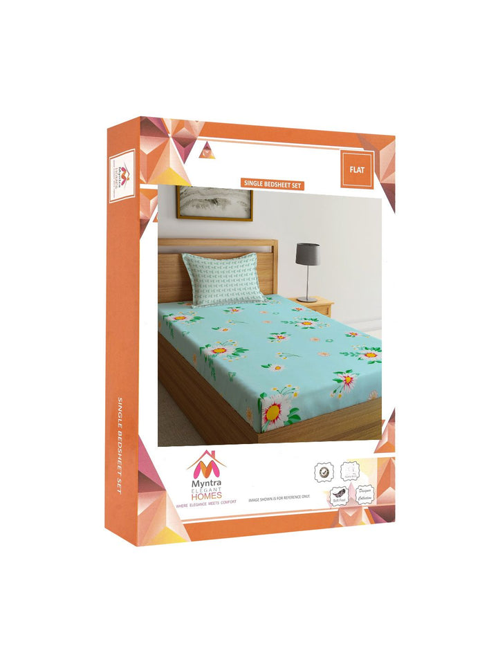 Myntra Elegant Homes Blue & White Floral Printed 300 TC Single Bedsheet Set
