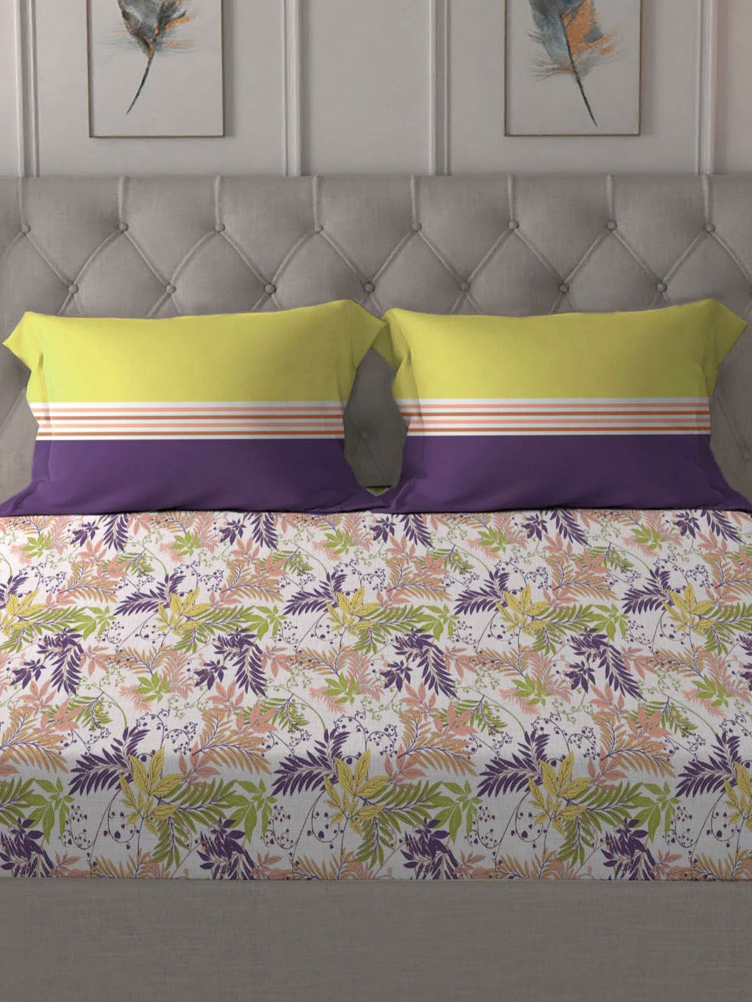MYTRIDENT Firefly Purple Dusk & Dawn Flat 144TC King Pure Cotton Bedsheet Set