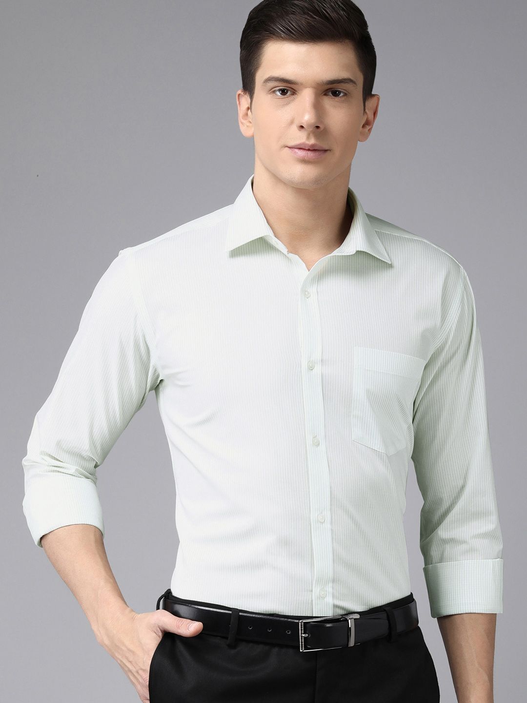 Park Avenue Men Medium Green Vertical Striped Slim Fit Formal Shirt