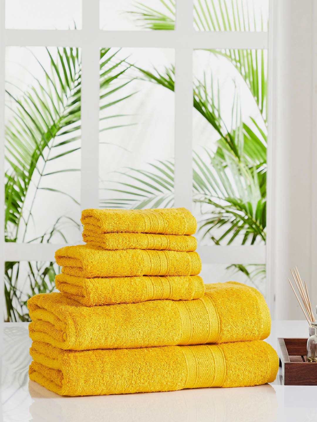 MYTRIDENT Set Of 6 Yellow Solid 500 GSM Pure Cotton Towels
