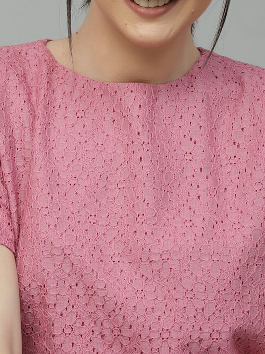 Style Quotient Self Design Round Neck Lace Cotton Top