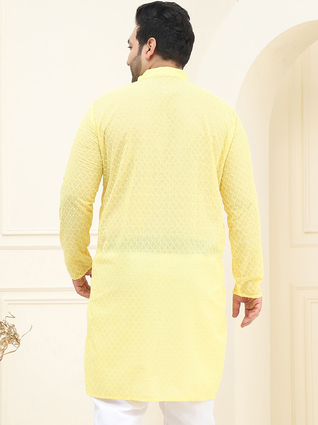 SOJANYA PLUS Size Men Yellow Ethnic Motifs Embroidered Pure Cotton Kurta