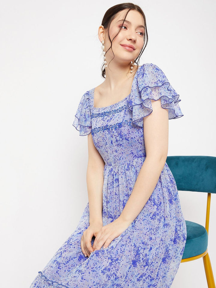 Antheaa Square Neck Abstract Printed Tiered Embellished Chiffon Fit & Flare Midi Dress