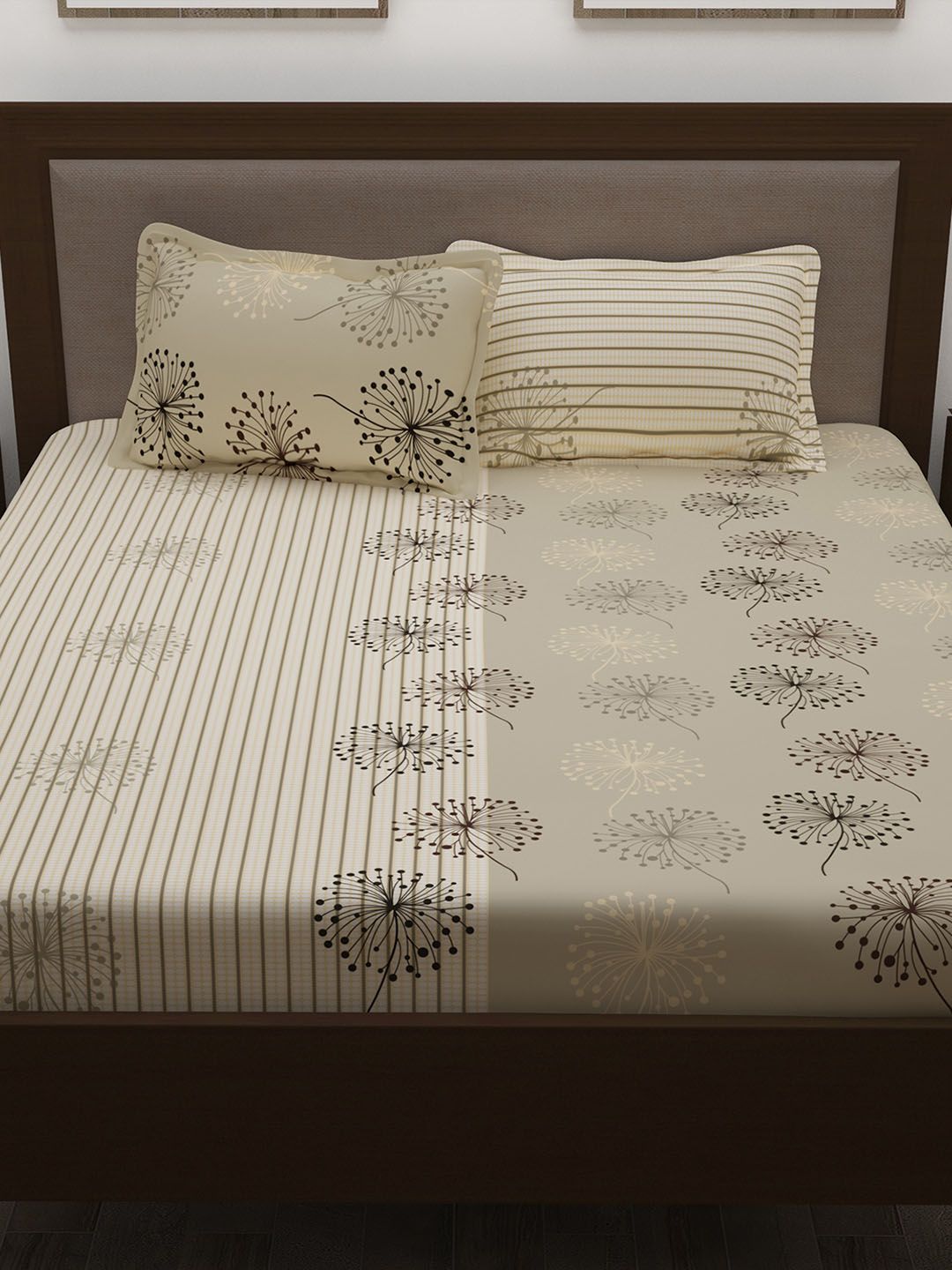 Story@home Grey & Off-White Floral 186 TC Cotton 1 Queen Bedsheet with 2 Pillow Covers