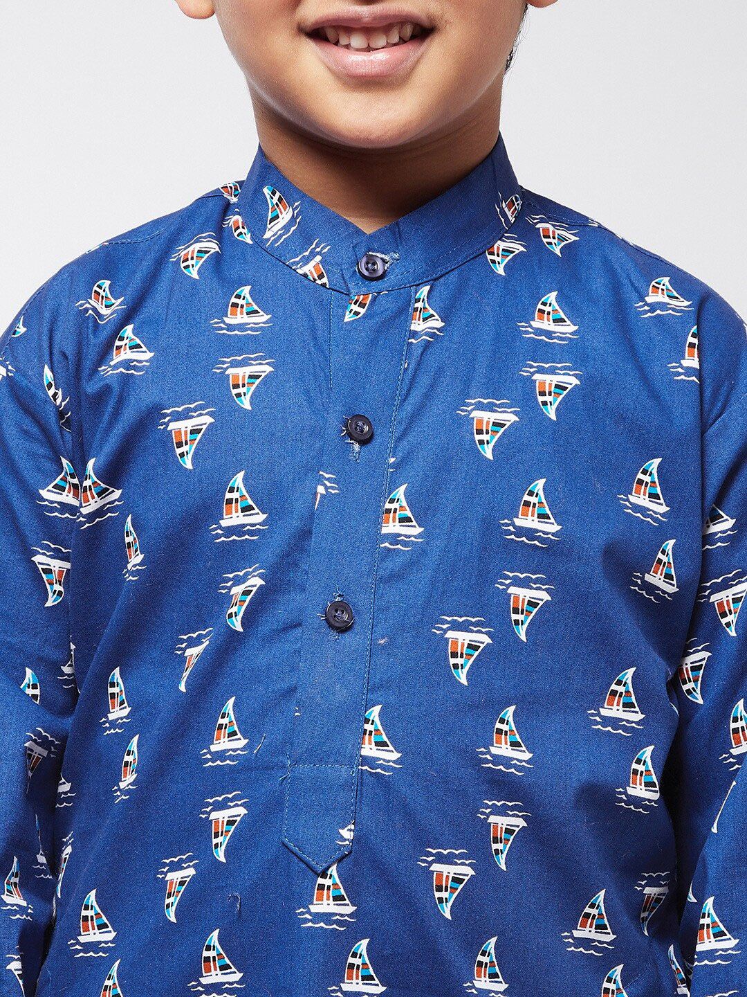 SOJANYA Boys Blue & White Quirky Printed Mandarin Collar Cotton Straight Kurta