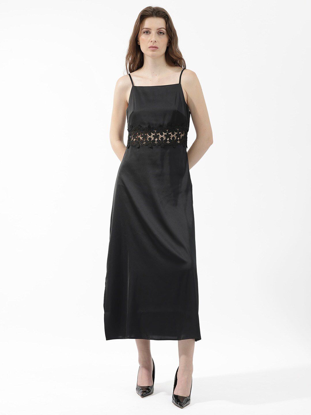 RAREISM Shoulder Straps Lace Inserts Fit & Flare Midi Dress