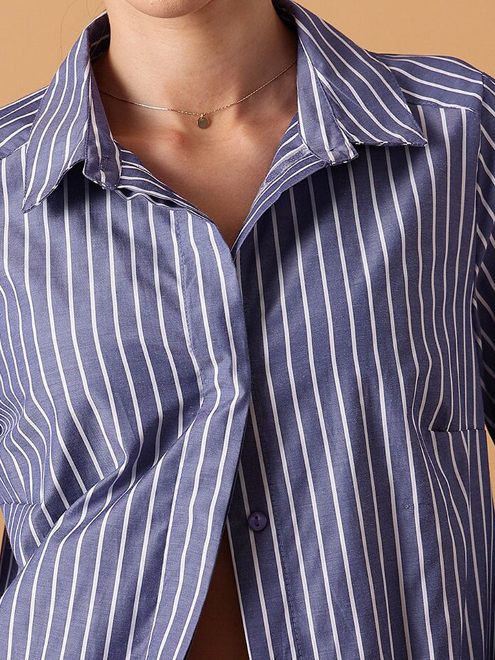STREET 9 Comfort Oversized Striped Spread Collar Long Sleeve Cotton Shirt