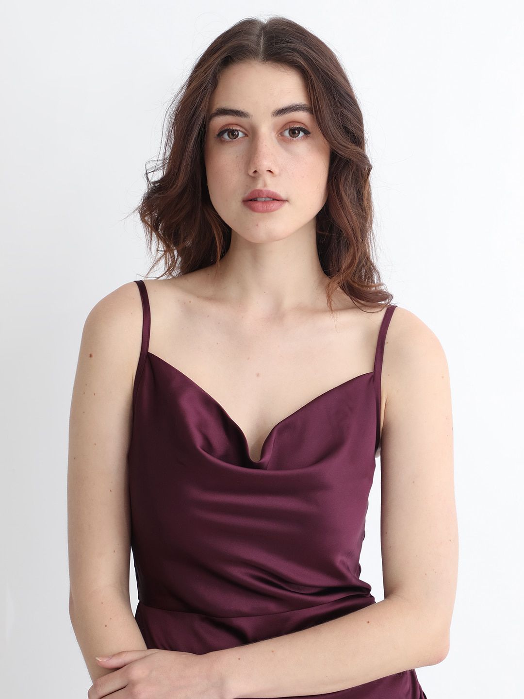 RAREISM Shoulder Straps Sleeveless Gathered Detail Satin Slip-On Sheath Dress