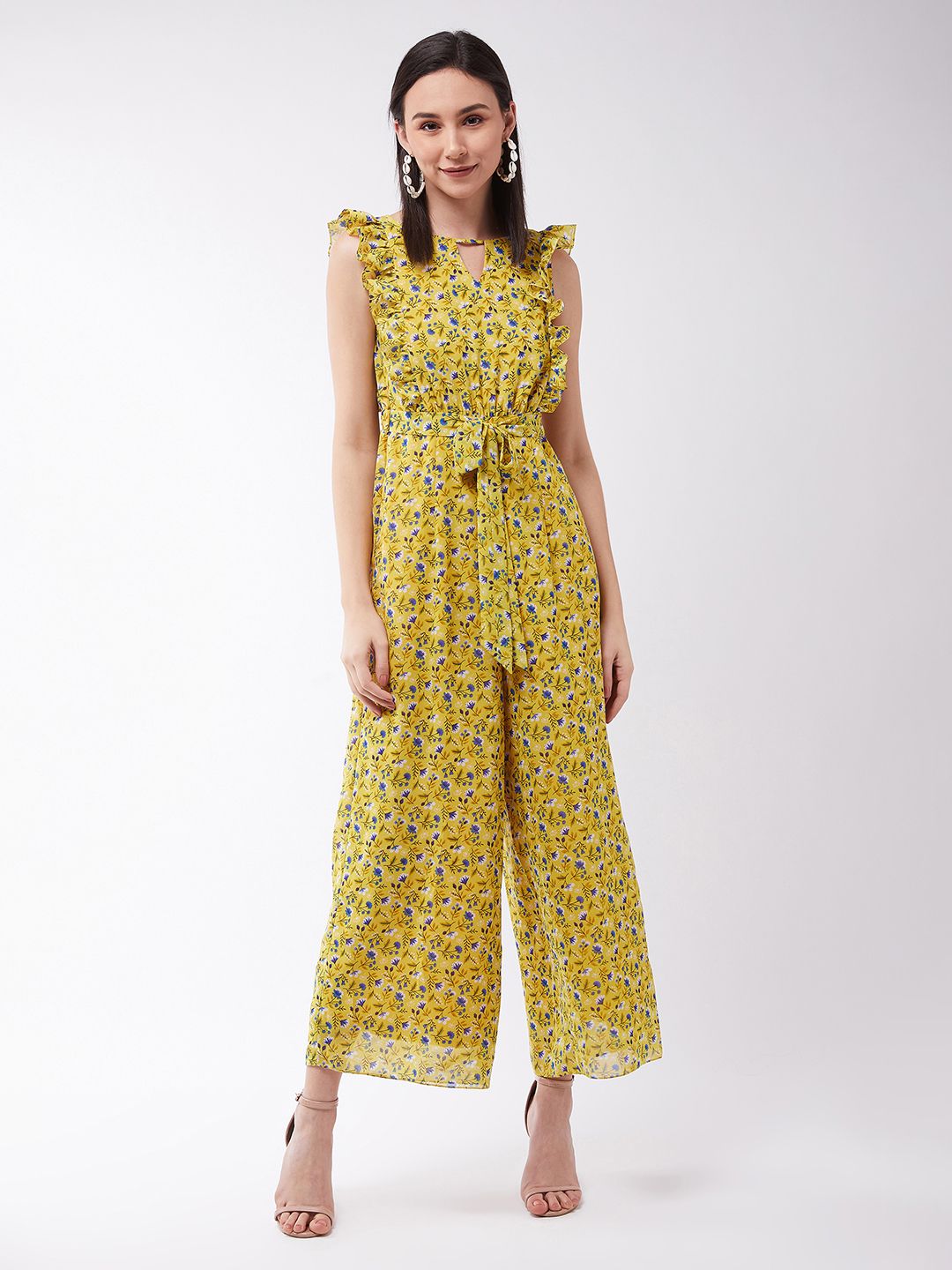 Miss Chase Women Chase Floral Printed Frilled Neck Lengan Tanpa Lengan Lebar Lebar Biasa Jumpsuit