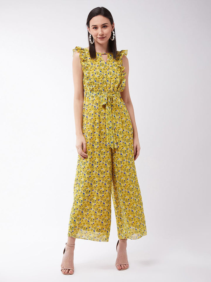 Miss Chase Women Chase Floral Printed Frilled Neck Lengan Tanpa Lengan Lebar Lebar Biasa Jumpsuit
