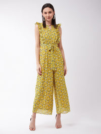 Miss Chase Women Chase Floral Printed Frilled Neck Lengan Tanpa Lengan Lebar Lebar Biasa Jumpsuit