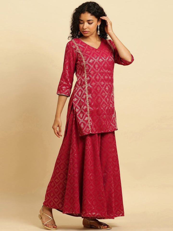 W Festive Striped Print Rayon Kurta With Flared Pant & Dupatta