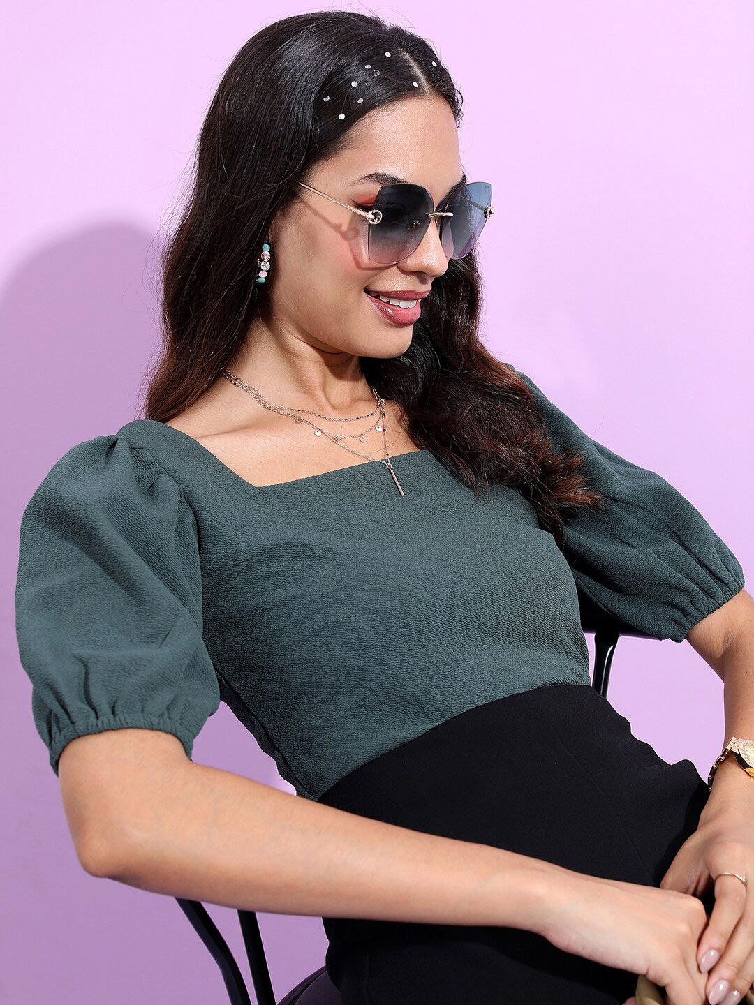Tokyo Talkies Green Square Neck Puffed Sleeves Crop Top