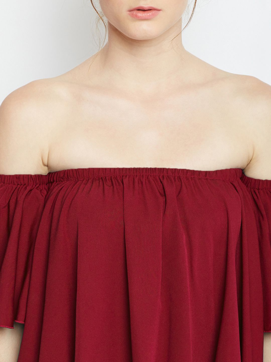 Berrylush Maroon Ruffled Bardot Top