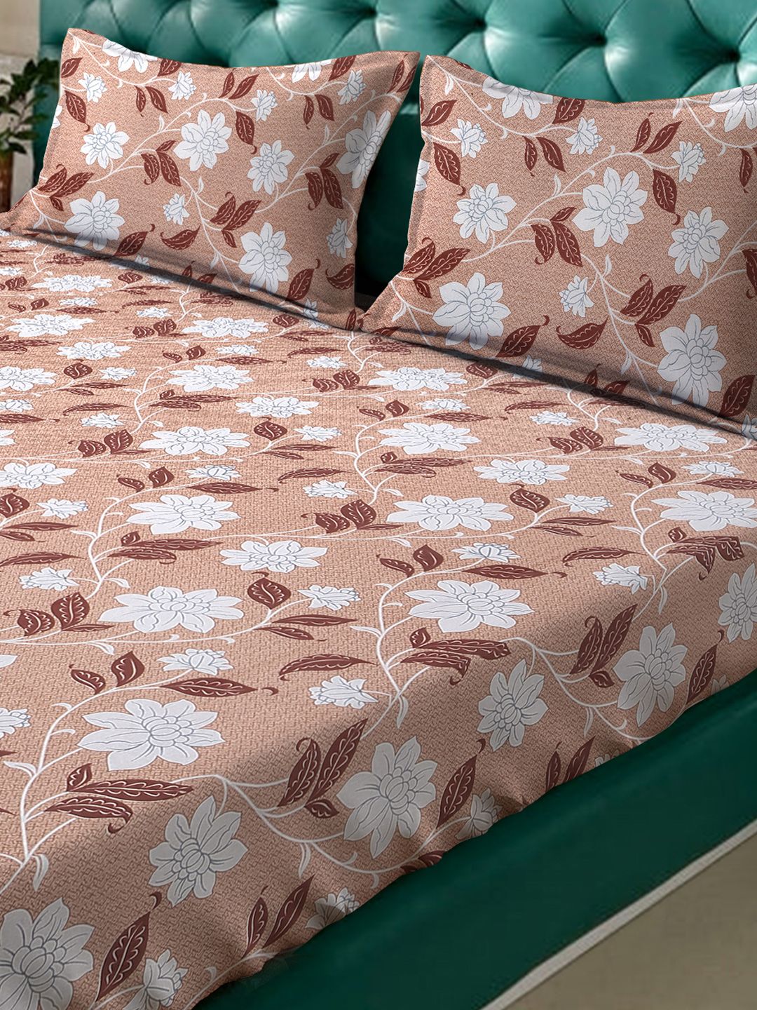 KLOTTHE Cosmos Beige Floral Cotton 400 TC Fitted King Superfine Bedsheet with 2 Pillow Covers-98 x 89 inches
