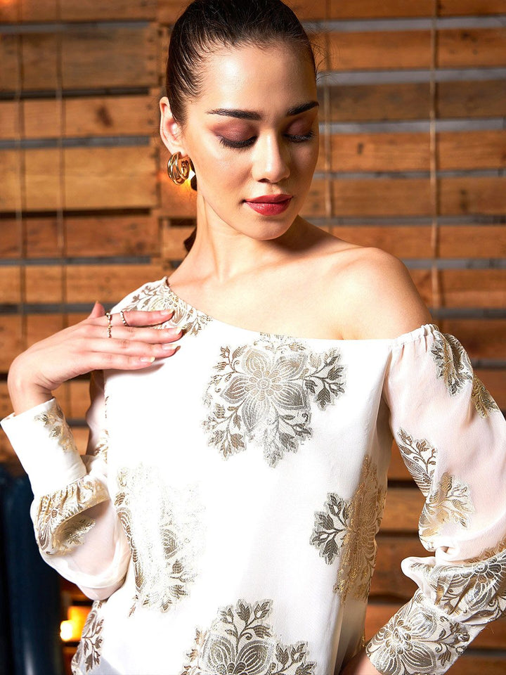 SASSAFRAS White & Gold-Toned Cuffed Sleeves Floral Printed One Shoulder Top