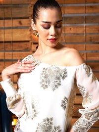 SASSAFRAS White & Gold-Toned Cuffed Sleeves Floral Printed One Shoulder Top