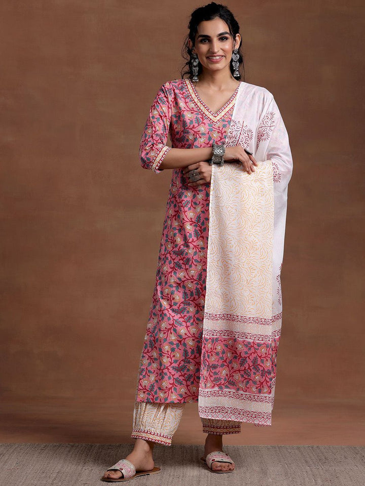 Libas V Neck Floral Printed Pure Cotton Straight Kurta with Patiala & Dupatta