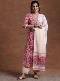 Libas V Neck Floral Printed Pure Cotton Straight Kurta with Patiala & Dupatta