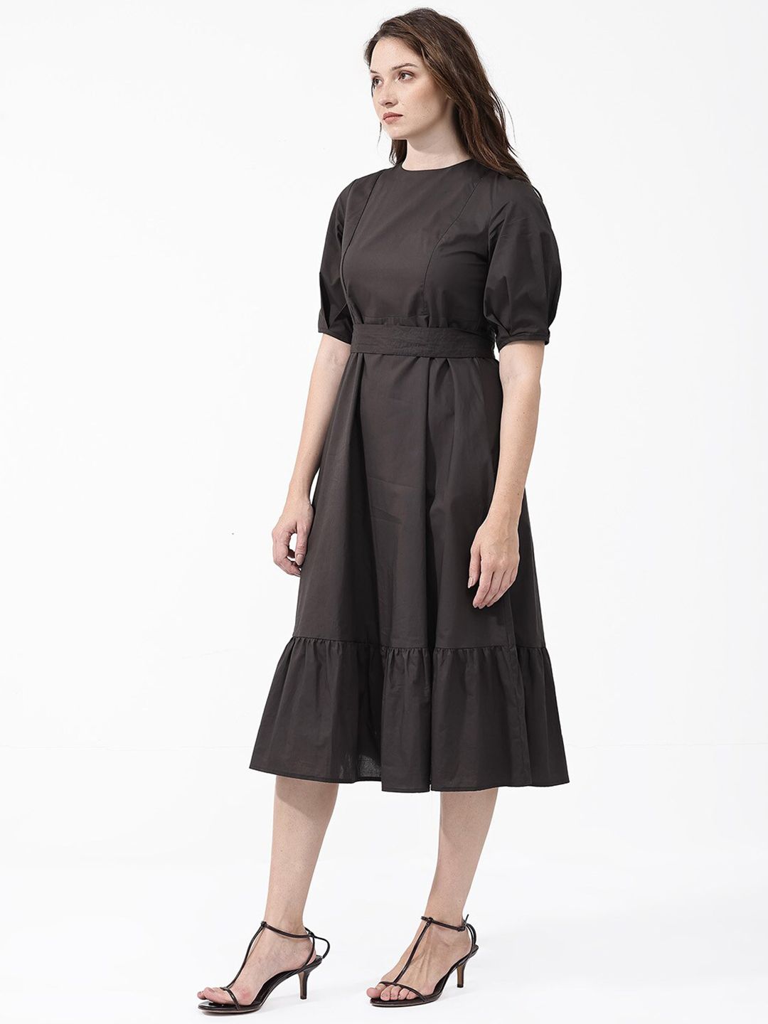 RAREISM Short Sleeves Mandarin Collar Cotton A-Line Midi Dress