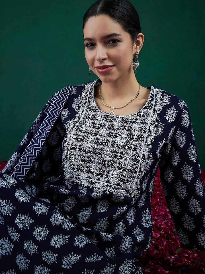 Indo Era Ethnic Motifs Printed Thread Work Straight Kurta With Trousers & Dupatta