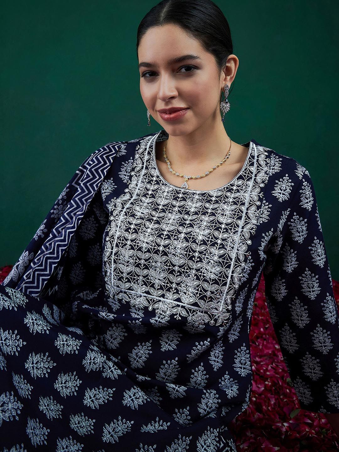 Indo Era Ethnic Motifs Printed Thread Work Straight Kurta With Trousers & Dupatta