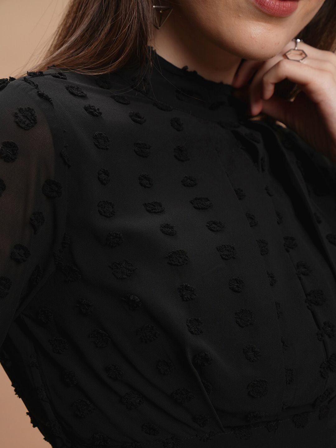 Tokyo Talkies Black Self Design High Neck Peplum Top