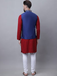 SOJANYA Motif Etnik Bersulam Kurta Kapas Tulen Labuci dengan Piyama & Jaket Nehru
