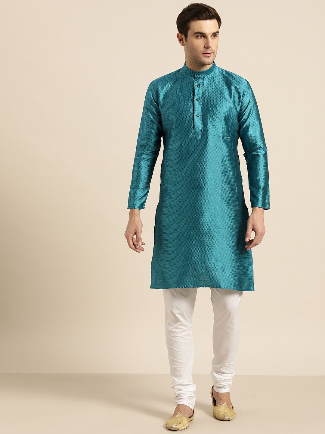SOJANYA Lelaki Turquoise Blue Woven Design Kurta Lurus