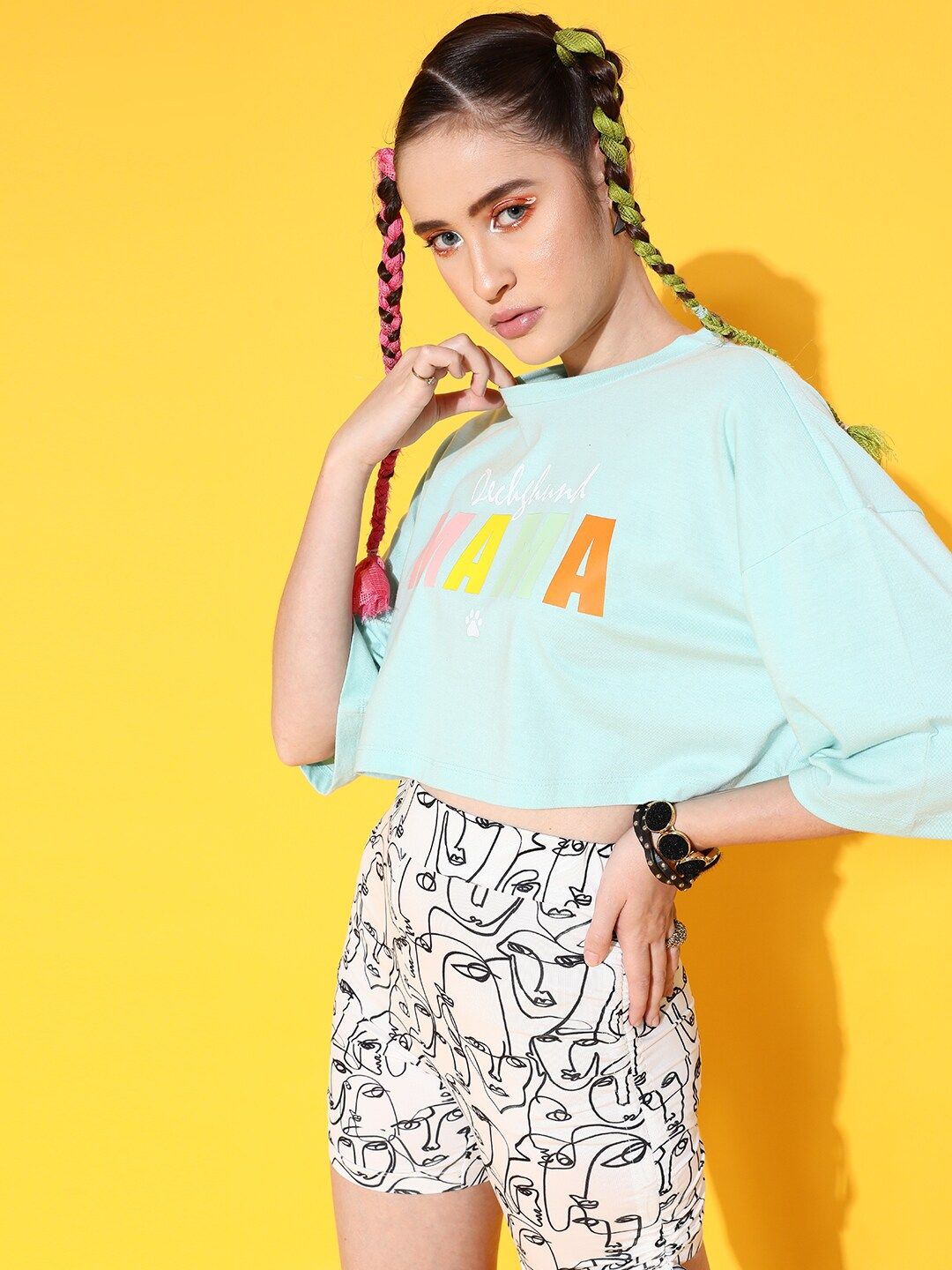 STREET 9 Women Sea Green Printed Pure Cotton Drop-Shoulder Sleeves Bio Finish Boxy T-shirt