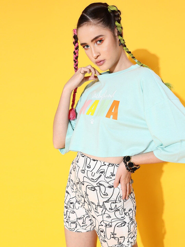 STREET 9 Women Sea Green Printed Pure Cotton Drop-Shoulder Sleeves Bio Finish Boxy T-shirt