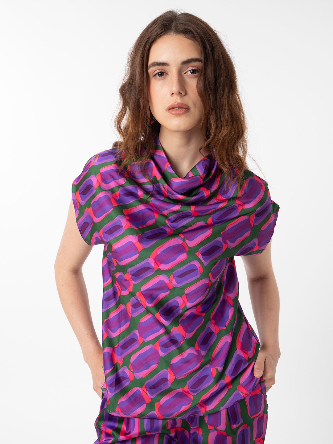 RAREISM Abstract Printed Cowl Neck Extended Sleeves Top