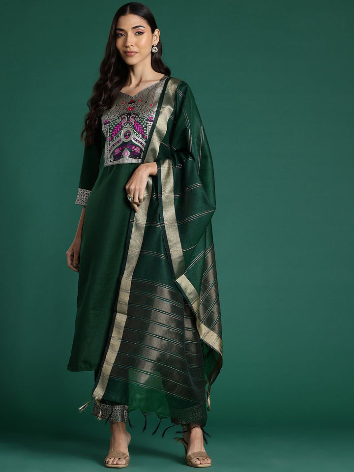 Indo Era Ethnic Motifs Yoke Design Pure Cotton Kurta With Trousers & Dupatta
