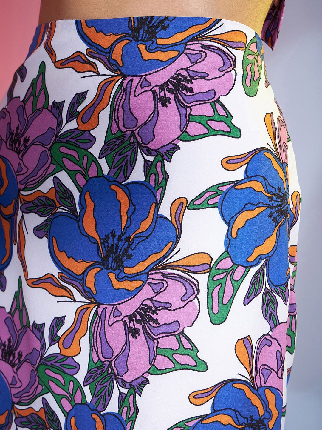 SASSAFRAS Purple & White Floral Printed Top With Skirt & Blazer Co-Ords