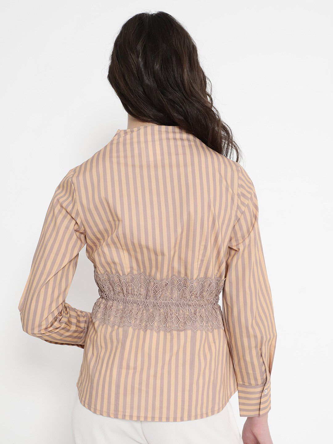 RAREISM Striped Dooze Regular Fit Waist Tie-Up Cuffed Sleeves Cotton Shirt Style Top