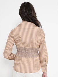 RAREISM Striped Dooze Regular Fit Waist Tie-Up Cuffed Sleeves Cotton Shirt Style Top