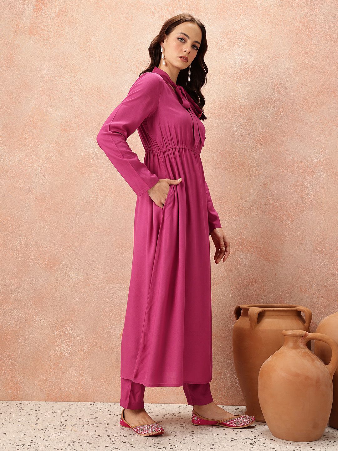 all about you Tie-Up Neck Empire-Style A-Line Kurta with Trousers